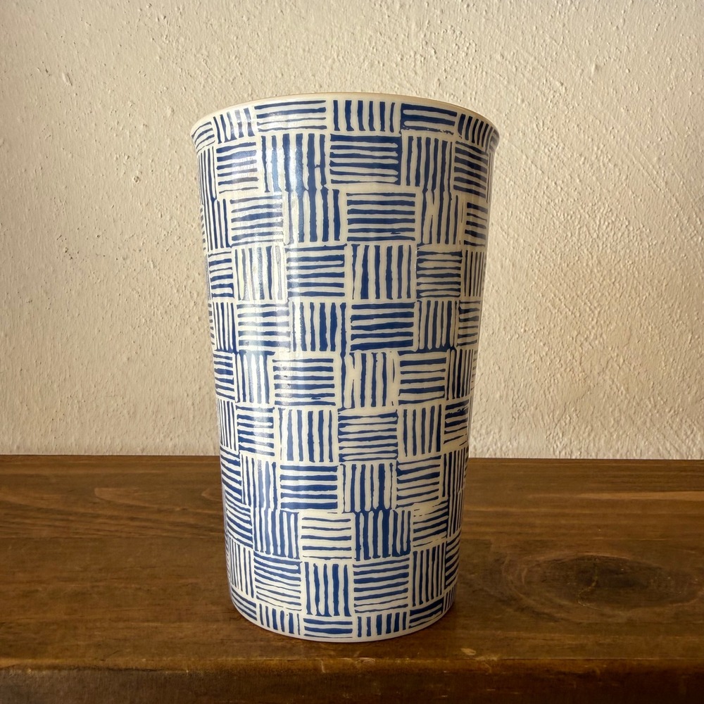 Threshold Blue White Porcelain Travel Tumbler Coffee Mug Geometric No Lid